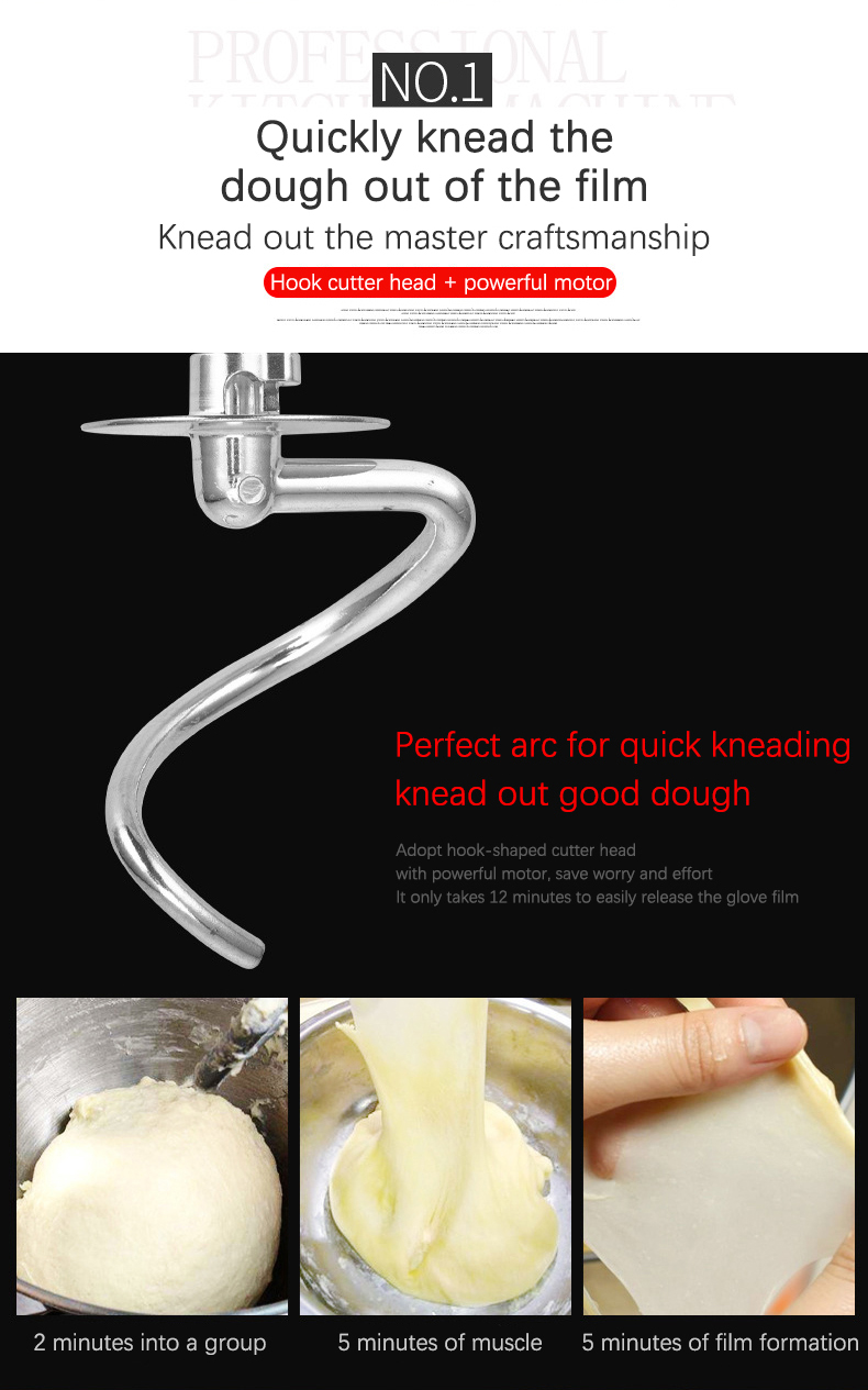 A stand mixer for kneading dough using a hook shaped blade