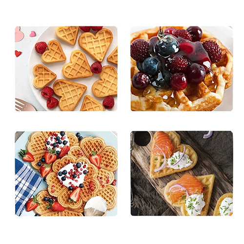 Various delicious and nutritious waffles made using a waffle maker for breakfast.